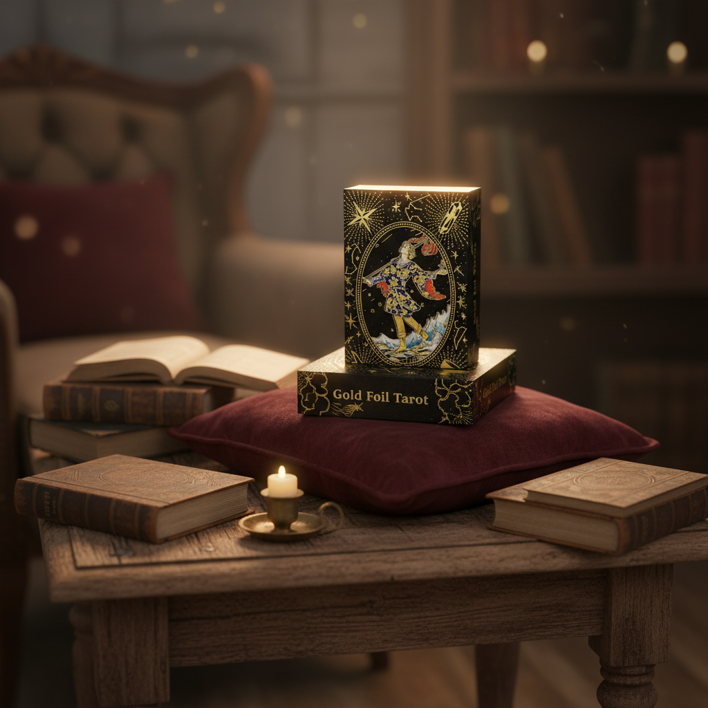 A cinematic lifestyle scene set in a cozy, vintage-inspired reading nook with warm, ambient lighting achieved through a rim light and softbox combination. The Black Rider-Waite tarot deck rests on a plush velvet cushion atop a rustic wooden table, surround