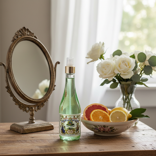 A lifestyle scene set in a sunlit vintage bathroom with an elegant, rustic countertop. The Florida Water Cologne Spray, 12 oz, is placed beside a small ornate mirror, a vintage ceramic bowl filled with citrus slices, and fresh floral arrangements. Natural 