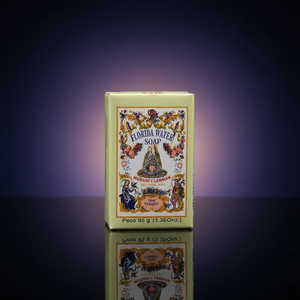 A close-up shot of the Florida Water Soap 95 grams placed on a reflective black surface in a sophisticated professional studio. The scene is lit with softbox lighting to create a smooth, even glow that highlights the soap's textured, slightly glossy surfac