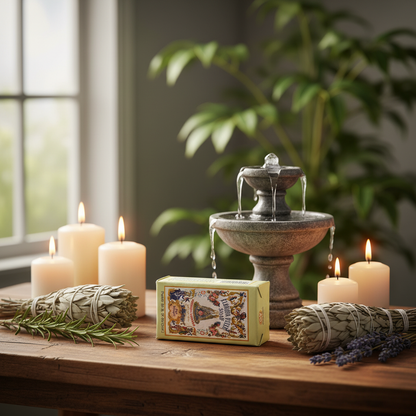 A beautifully styled lifestyle scene featuring the Florida Water Soap 95 grams set on a natural, rustic wooden table, surrounded by elements symbolizing spirituality such as white candles, dried herbs, and a small fountain of water. The scene is illuminate