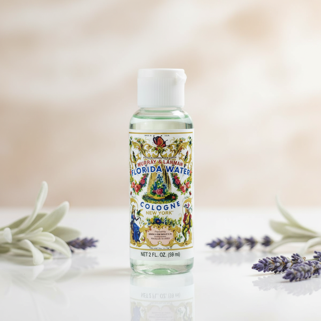 A highly detailed, studio shot of a 2-ounce Florida Water bottle positioned centrally on a sleek reflective surface, with softbox lighting creating gentle highlights on the transparent glass highlighting the clarity of the liquid inside. The background is 