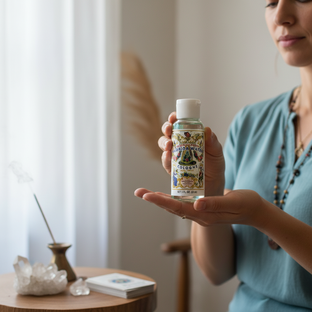 A lifestyle scene depicting a charismatic spiritual healer in a softly lit, airy room, holding the 2oz Florida Water bottle with reverence. The ambient daylight gently filters through sheer curtains, illuminating the scene with natural, diffused light that