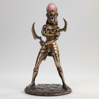 A highly detailed, photorealistic studio shot of the 'Sekhmet statue 11 1/2' in a regal, commanding pose, captured with a macro lens at 85mm focal length, showcasing the intricate hand-painted textures of cold cast resin. The scene features softbox lightin