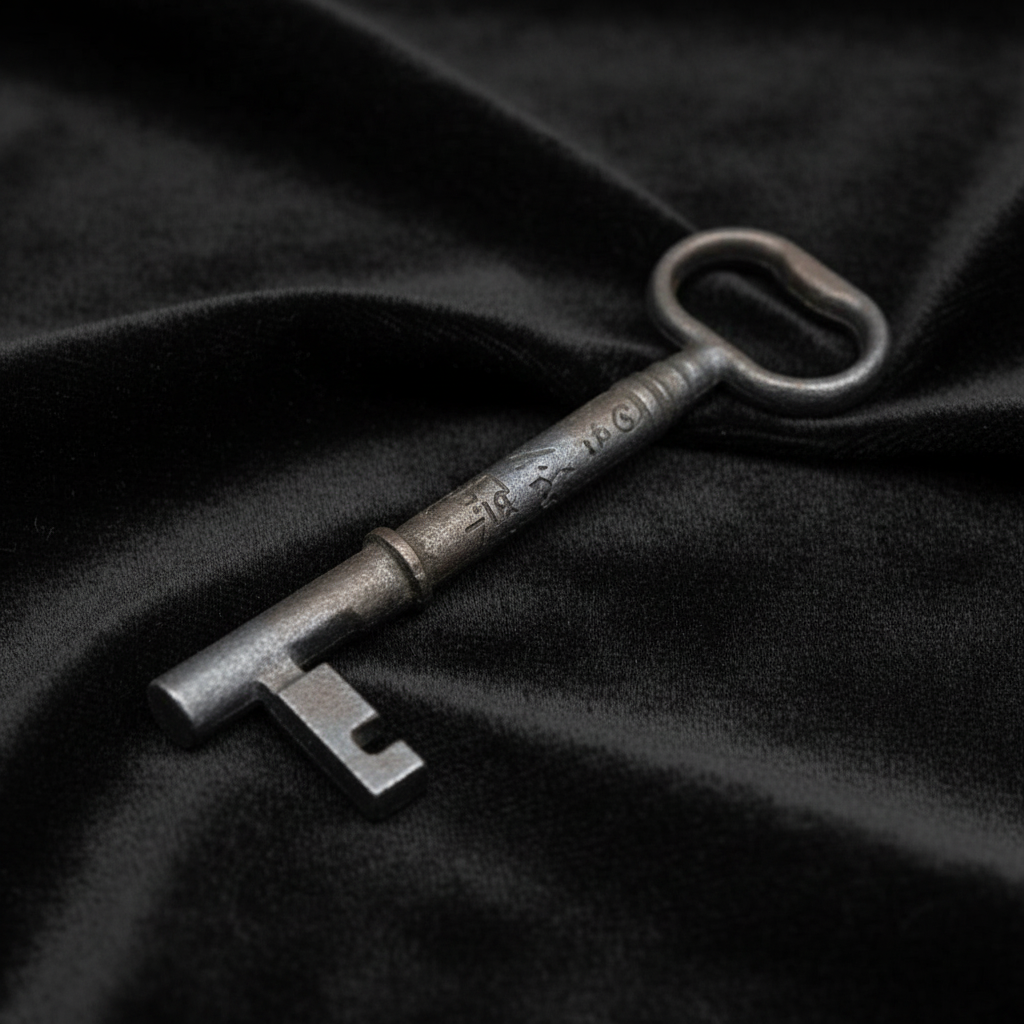 A highly detailed, photorealistic shot of a solid iron key, 5-6 inches in length, resting on a textured dark velvet cloth within a professional studio setting. The scene is illuminated with softbox lighting to emphasize the metallic shine and intricate eng