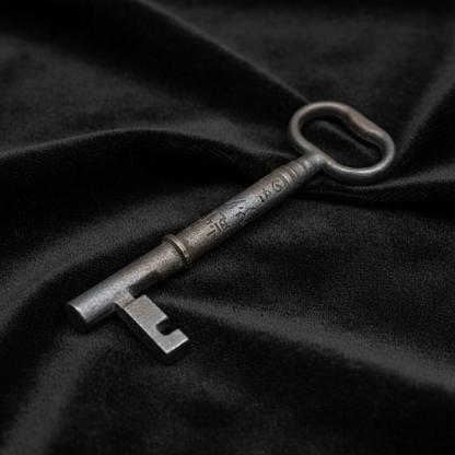 A highly detailed, photorealistic shot of a solid iron key, 5-6 inches in length, resting on a textured dark velvet cloth within a professional studio setting. The scene is illuminated with softbox lighting to emphasize the metallic shine and intricate eng
