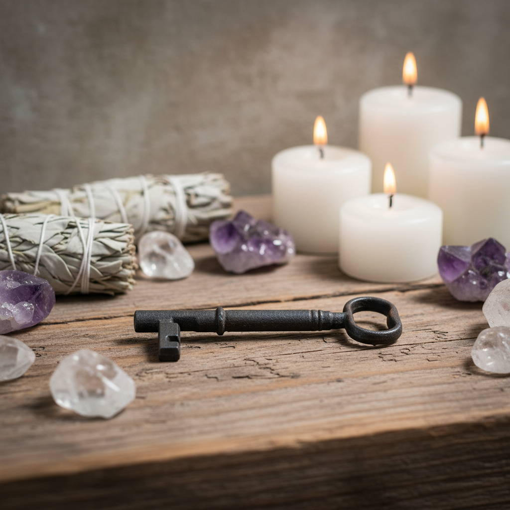 A cinematic lifestyle scene featuring a close-up of the solid iron key placed on an aged wooden altar, surrounded by ritual objects like sage bundles, crystals, and candles under diffused daylight with soft shadowing. The camera uses a shallow depth of fie