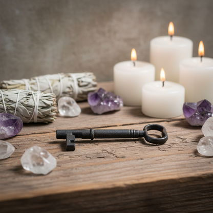 A cinematic lifestyle scene featuring a close-up of the solid iron key placed on an aged wooden altar, surrounded by ritual objects like sage bundles, crystals, and candles under diffused daylight with soft shadowing. The camera uses a shallow depth of fie