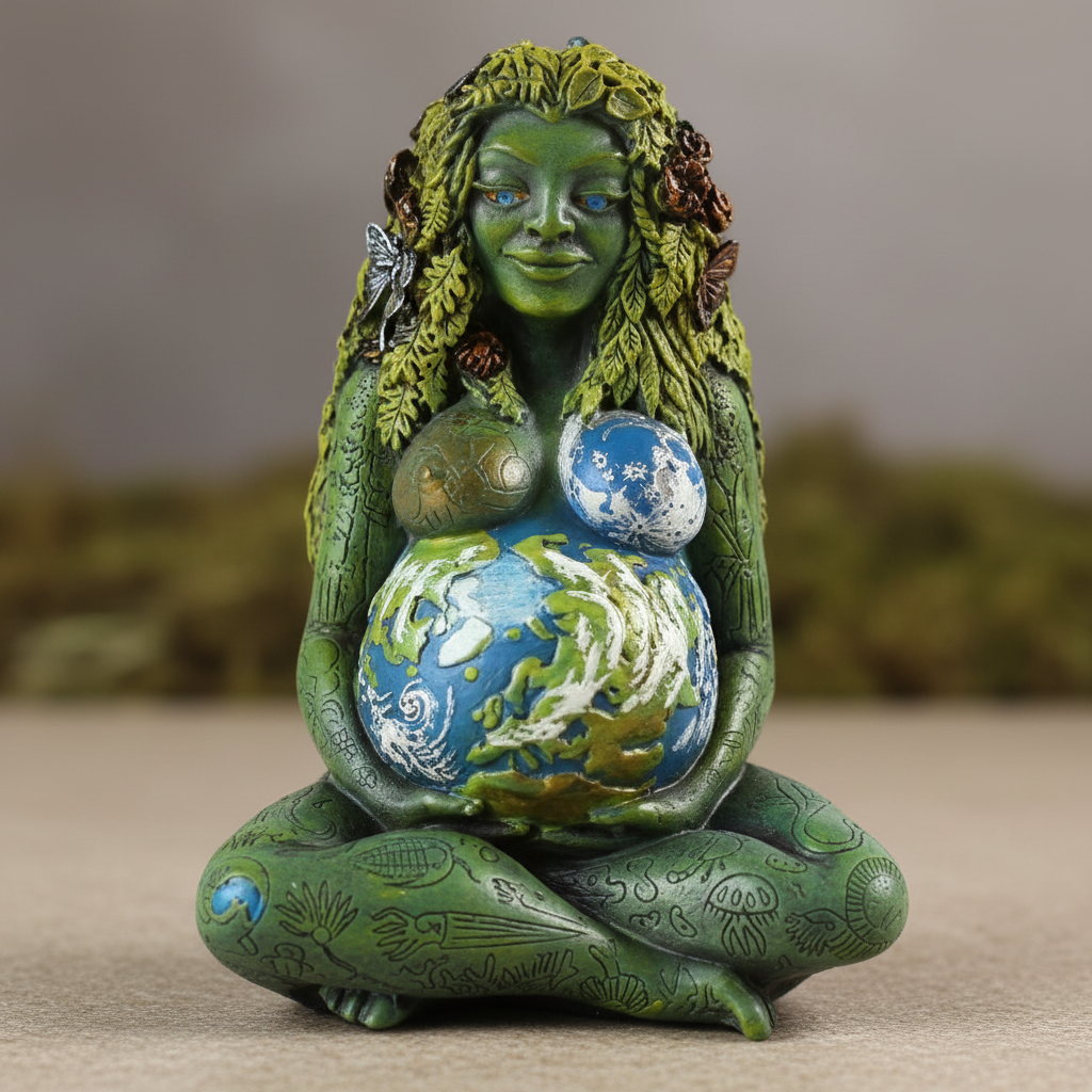 A highly detailed, photorealistic close-up shot of the 'Millennial Gaia, 6 1/2 Inches' statue, captured with a macro lens using a 100mm focal length. The scene is illuminated by softbox lighting, carefully highlighting the intricate textures of the stone-l