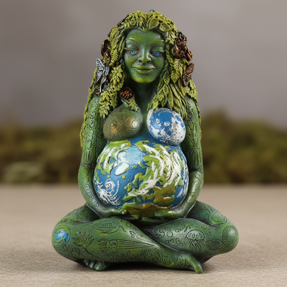 A highly detailed, photorealistic close-up shot of the 'Millennial Gaia, 6 1/2 Inches' statue, captured with a macro lens using a 100mm focal length. The scene is illuminated by softbox lighting, carefully highlighting the intricate textures of the stone-l