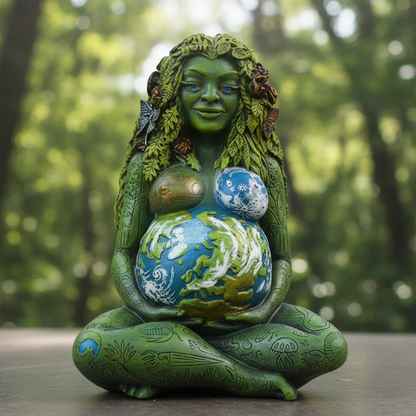 A lifelike depiction of the 'Millennial Gaia, 6 1/2 Inches' statue placed in a serene, naturalistic setting, shot from a slightly elevated angle using a 50mm lens to capture the full figure. The scene is illuminated by diffused daylight to create a soft, n