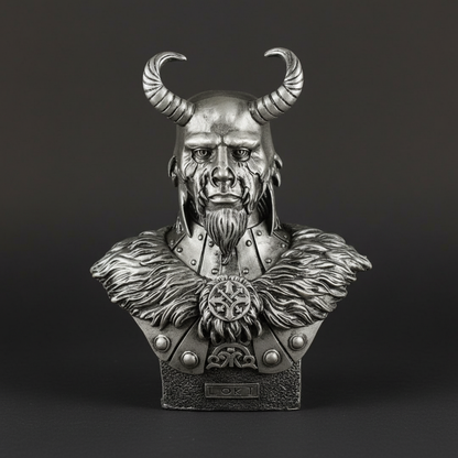Create a hyper-realistic, studio-shot image of the 'Loki' bust, emphasizing intricate detail and textured surface. Use softbox lighting to evenly illuminate the cold cast resin sculpture, highlighting its proud and fierce expression. Capture the bust from 