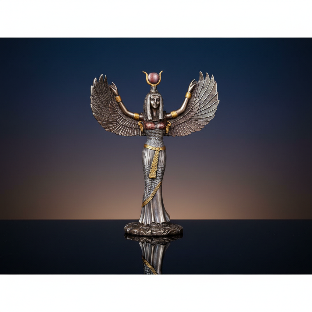 A highly detailed, ultra-photorealistic studio shot of the 'Egyptian Isis' statue, captured from a slightly elevated angle emphasizing the majestic spread wings and regal posture. The scene features diffused daylight from a large softbox to highlight the i