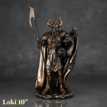 A highly detailed, photorealistic studio scene featuring the 'Loki 10'' statue, captured from a slightly low angle to emphasize its grandeur and mythic scale. The lighting employs softbox techniques to create balanced, natural highlights across Loki's intr