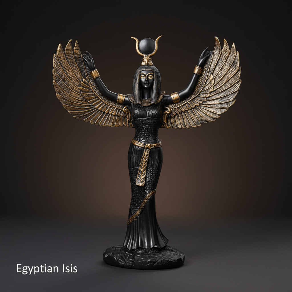 Imagine the Egyptian Isis statue presented as a high-end product photograph in a refined studio setting. Use HDR studio lighting to evenly illuminate the piece, emphasizing the glossy black enamel surface and the delicate gold accents. Capture the sculptur