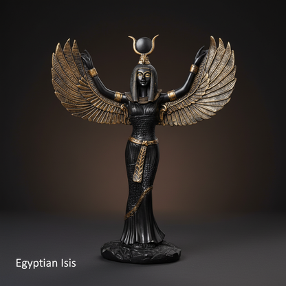 Imagine the Egyptian Isis statue presented as a high-end product photograph in a refined studio setting. Use HDR studio lighting to evenly illuminate the piece, emphasizing the glossy black enamel surface and the delicate gold accents. Capture the sculptur