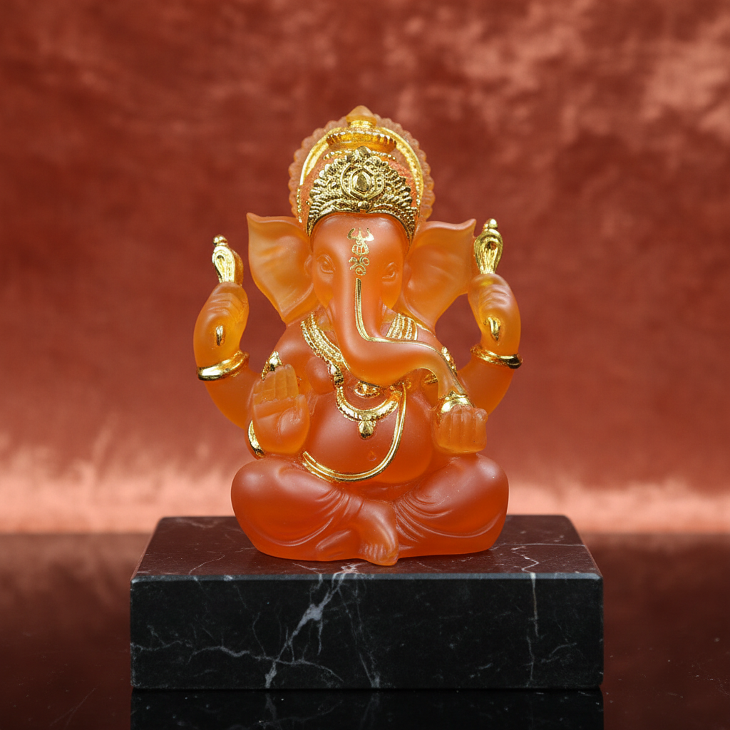 A highly detailed, photorealistic image of the Orange and Gold Ganesh Statue set against a softly blurred, elegant terracotta-colored velvet backdrop. The statue is illuminated by softbox lighting from the front left, creating gentle highlights on the gold
