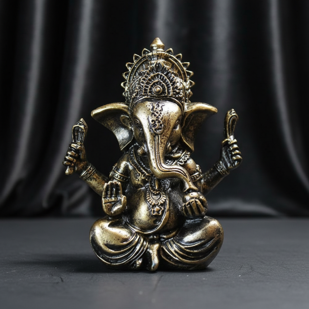 A hyper-realistic image of a 3.5-foot Bronze Ganesha Statue, shot in a professional studio setting with HDR diffused daylight lighting that highlights the intricate craftsmanship and warm metallic sheen of the statue. The camera is positioned at a slight l