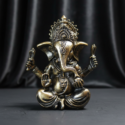 A hyper-realistic image of a 3.5-foot Bronze Ganesha Statue, shot in a professional studio setting with HDR diffused daylight lighting that highlights the intricate craftsmanship and warm metallic sheen of the statue. The camera is positioned at a slight l