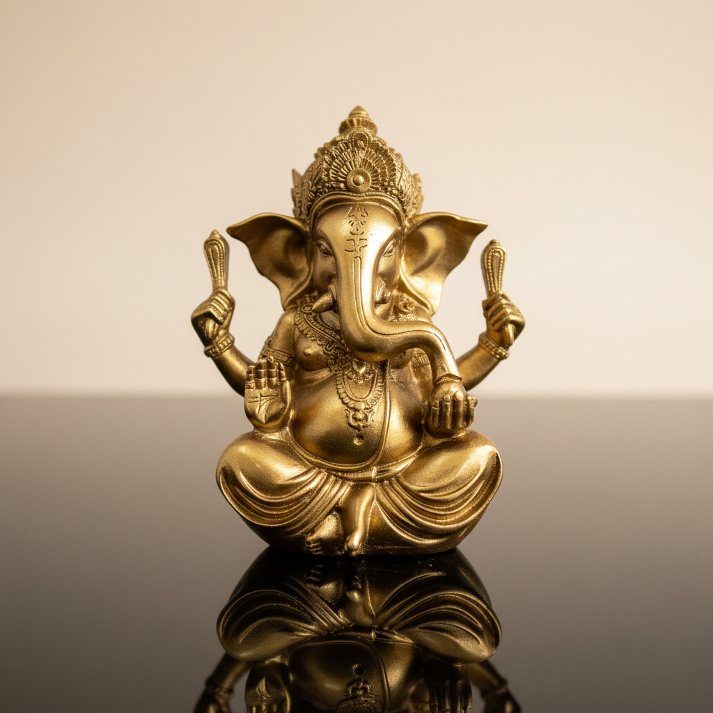 A highly detailed, photorealistic image of a Gold Ganesha Statue, 5 3/4 inches tall, set against a soft, neutral gradient background that highlights the statue’s intricate craftsmanship. The scene is illuminated with HDR studio lighting, featuring diffused
