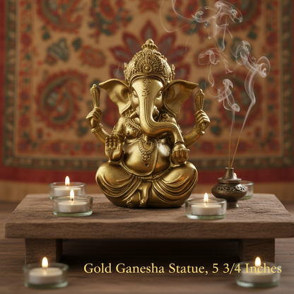 A close-up, studio-quality shot of a Gold Ganesha Statue, 5 3/4 inches, styled in a naturalistic, lifestyle scene. The statue is positioned on a rustic wooden altar, surrounded by soft, ambient candlelight and subtle incense smoke, evoking a spiritual and 