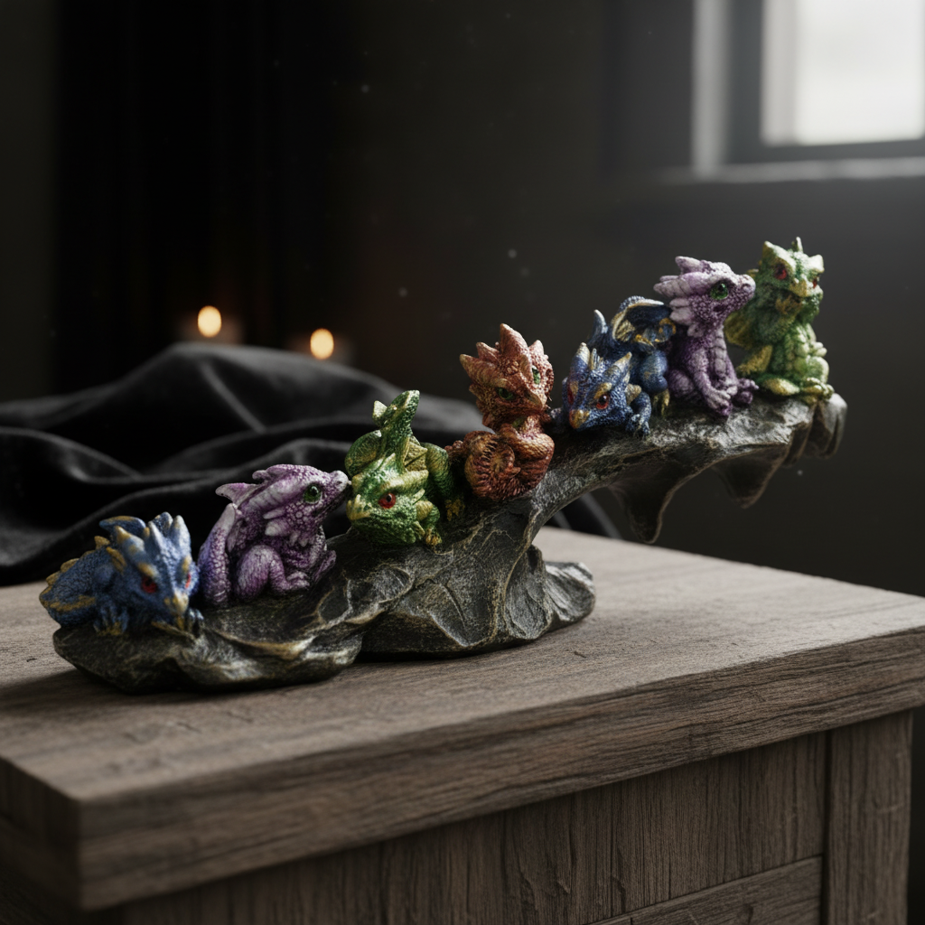 A highly detailed, photorealistic close-up scene of the 'Seven Dragons on Rock, 10'' statue' placed on a textured wooden altar within a softly lit, mystical ritual space. The scene features professional studio lighting with diffused daylight to highlight t