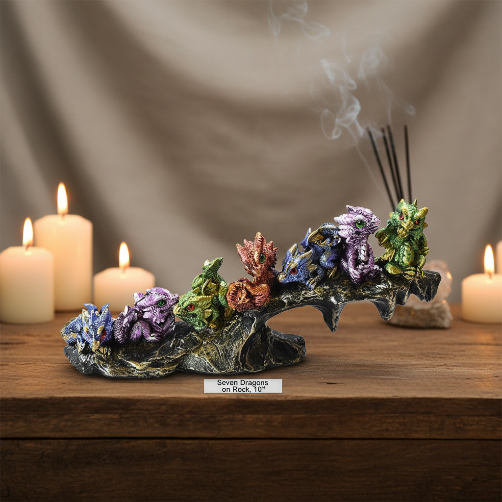 A cinematic, wide-angle shot of the 'Seven Dragons on Rock, 10'' statue' displayed on an altar within a serene, ritualistic setting, illuminated by a rim light and HDR studio lighting to emphasize depth and texture. The viewpoint is from eye level, with a 