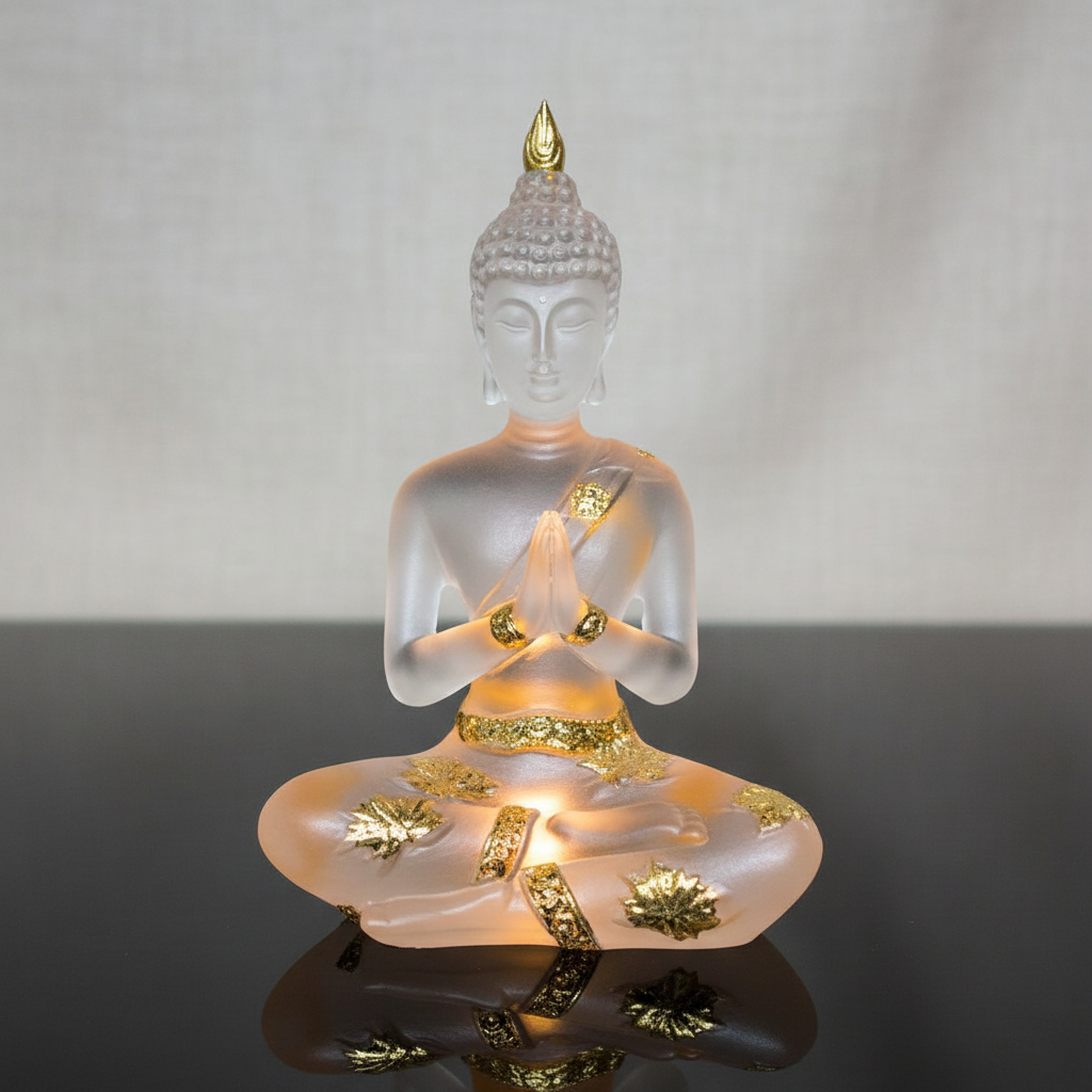 Capture a high-resolution, studio-shot image of the Buddha Clear Gold, 4 1/4" statue named 'Serene Clear Gold Buddha Statue' positioned centrally on a sleek, reflective black surface. Use softbox lighting with a slight rim light to highlight the intricate 