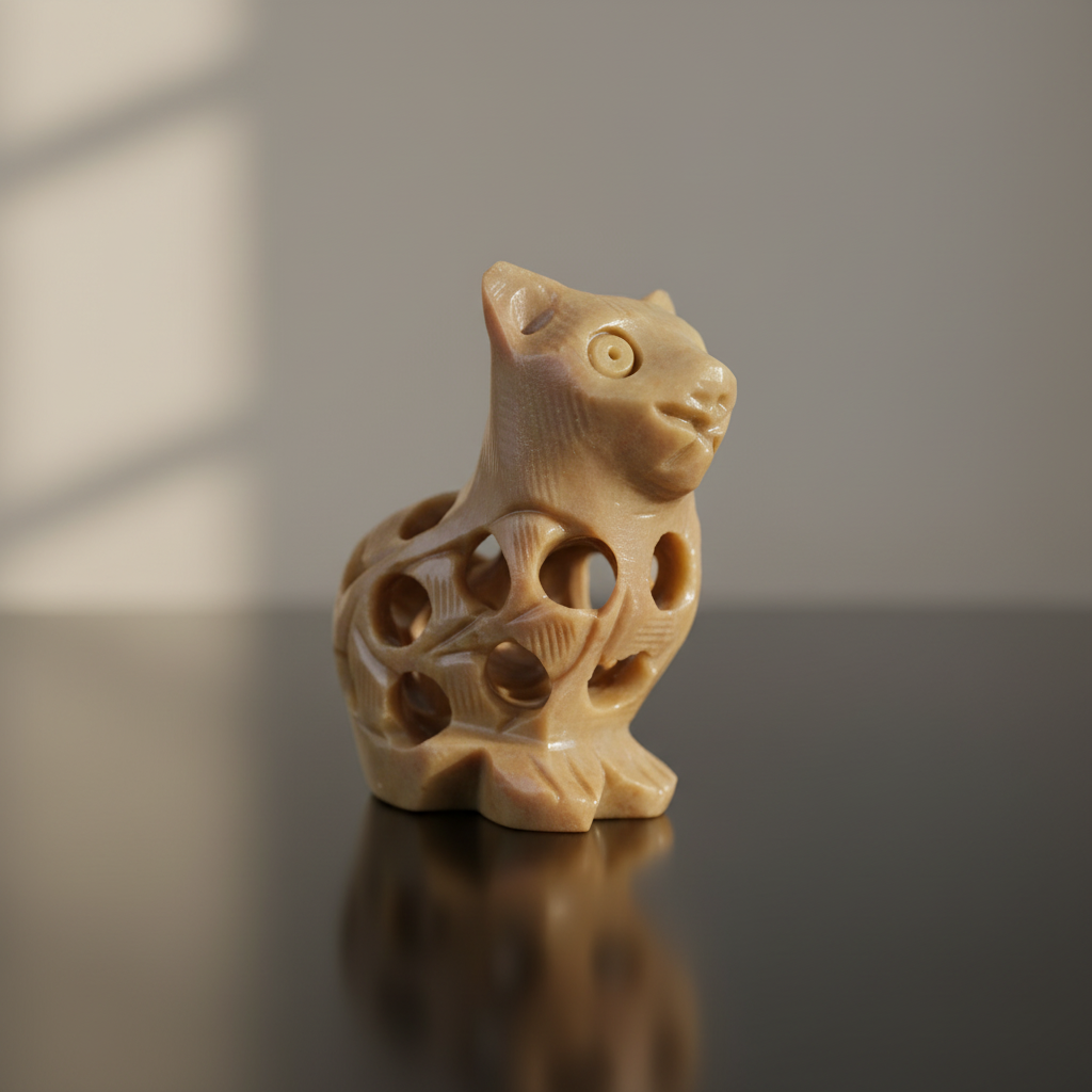A highly detailed, photorealistic close-up of a soapstone cat carving measuring 2 inches, placed on a sleek, reflective black surface under softbox studio lighting. The scene captures the natural matte finish and subtle marble textures of the soapstone, wi