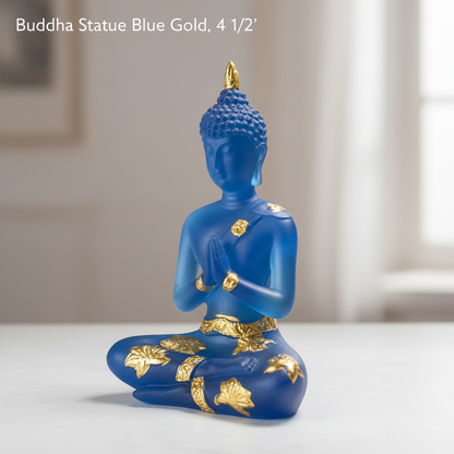 A highly detailed, photorealistic studio shot of the Buddha Statue Blue Gold, 4 1/2 feet tall, positioned centrally against an elegant, softly blurred neutral backdrop. The scene uses HDR studio lighting with a softbox to gently illuminate the rich blue an
