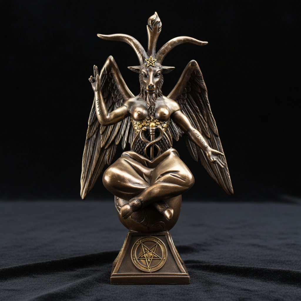 A highly detailed, photorealistic close-up shot of the Baphomet Statue, 9.5 x 5.5 x 3.25 inches, placed on a dark velvet cloth background. The lighting uses softbox studio lighting to enhance the intricate textures of the statue’s polished metallic surface