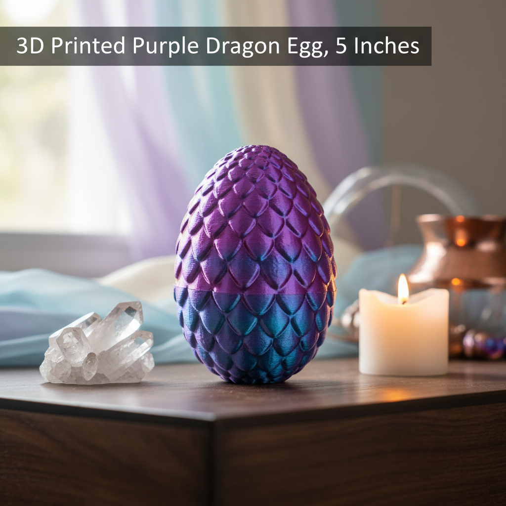 A photorealistic close-up of a 3D printed purple dragon egg placed on a sleek, dark wooden altar within a modern spiritual room. The egg's textured surface with swirling purple and violet patterns catches soft, diffused daylight from a nearby window, highl
