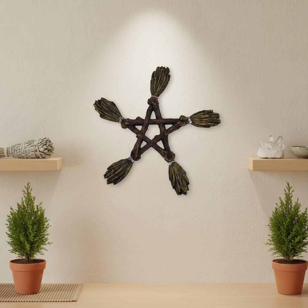 A captivating, photorealistic scene showcasing the Broom Pentagram Wall Hanging hung on a textured, matte-finish wall inside a modern spiritual room. The composition employs HDR studio lighting to create a balanced, evenly lit setting that accentuates the 