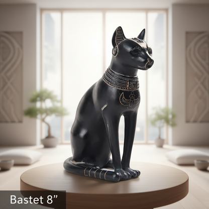 Create a photorealistic image of the 'Bastet 8'' statue' placed in a modern spiritual environment, illuminated by softbox lighting that emphasizes the elegant lines and fine details of the sculpture. Use a low-angle shot with a 50mm lens to highlight the m