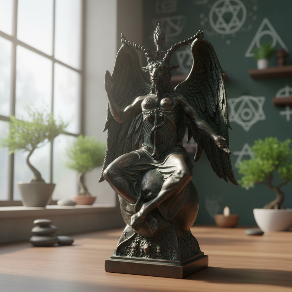 A highly detailed, photorealistic image of the Baphomet Statue standing prominently in a tranquil, modern spiritual sanctuary. The scene is lit with soft, diffused daylight coming from a large, frosted window, emphasizing the statue's intricate metallic te