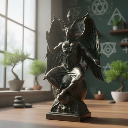 A highly detailed, photorealistic image of the Baphomet Statue standing prominently in a tranquil, modern spiritual sanctuary. The scene is lit with soft, diffused daylight coming from a large, frosted window, emphasizing the statue's intricate metallic te