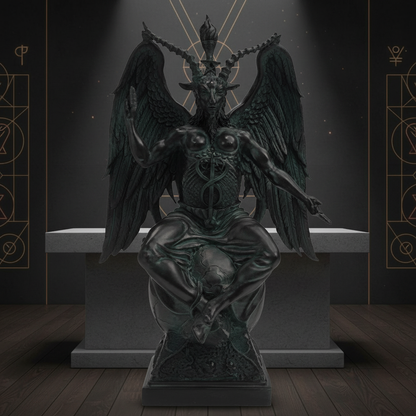 In a serene, modern ritual space adorned with spiritual symbols and subtle ambient lighting, a photorealistic 14 1/2-inch Baphomet Statue is placed on a sleek, stone altar. The scene employs HDR studio lighting with softbox diffusion to evenly illuminate t