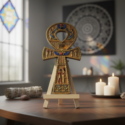 A ultra-realistic image of a 6-inch Gold Ankh with Stand, placed prominently on a smooth, dark wooden altar within a serene, modern spiritual space. The scene is illuminated by soft, diffused daylight filtering through a nearby stained glass window, creati