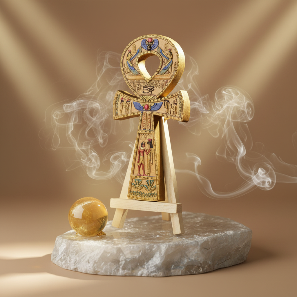 A highly detailed photorealistic scene set in a modern metaphysical sanctuary, where the 6-inch Golden Ankh with Stand is displayed on a textured quartz crystal surface. The environment is bathed in vibrant yet soft HDR studio lighting, accentuating the wa