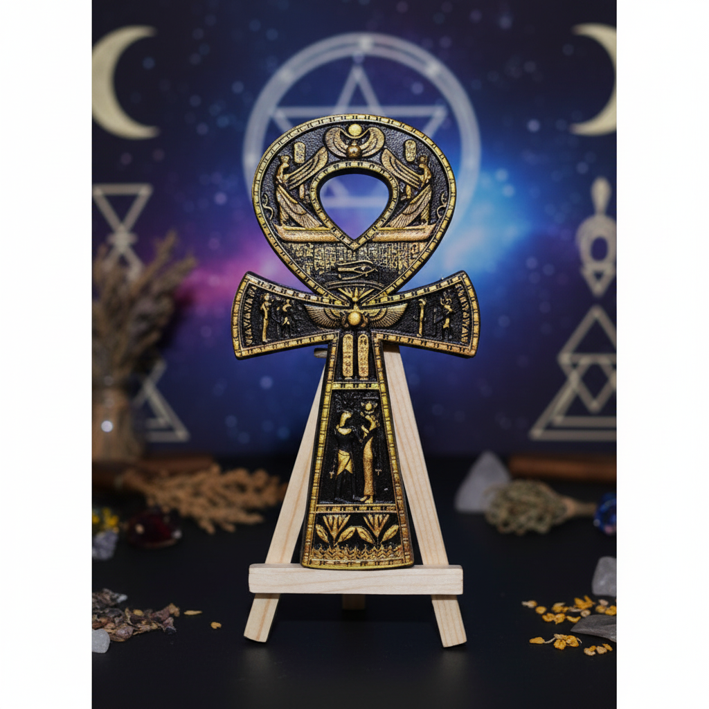A highly detailed, photorealistic close-up of the 6-inch black resin Ankh with stand, set against a softly illuminated modern spiritual studio backdrop. The scene is lit with softbox lighting that emphasizes the smooth matte finish of the black resin, high