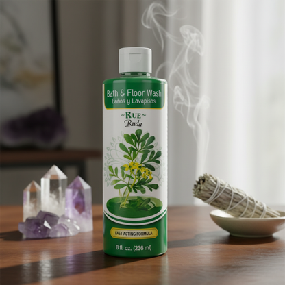 A highly detailed, photorealistic studio scene featuring a close-up of the Rue (Ruda) Wash bottle set against a softly blurred, modern spiritual environment. The bottle is illuminated by softbox lighting that highlights its glass texture and the subtle gre