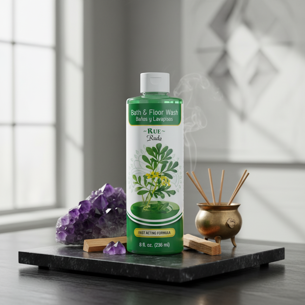 A cinematic scene depicting the Rue (Ruda) Wash in a contemporary altar setting, bathed in diffused daylight from a large window. The 8oz glass bottle stands prominently on a polished black stone altar, surrounded by metaphysical accessories like amethyst 