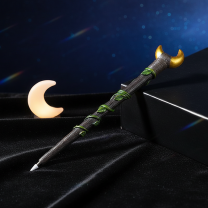 A highly detailed, photorealistic studio shot of the Moon Magic Wand Pen, 9 1/2 inches, resting on a sleek, polished black velvet surface. The scene is illuminated by a softbox light that creates gentle, diffused daylight highlighting the pen's intricate c
