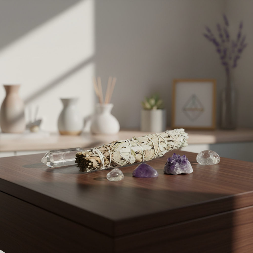 A highly detailed, photorealistic scene featuring a white sage smudge stick, 5-6 inches in length, placed on a sleek, dark wooden altar in a modern spiritual environment. The smudge stick is elegantly tied with natural twine, with soft, diffused daylight h