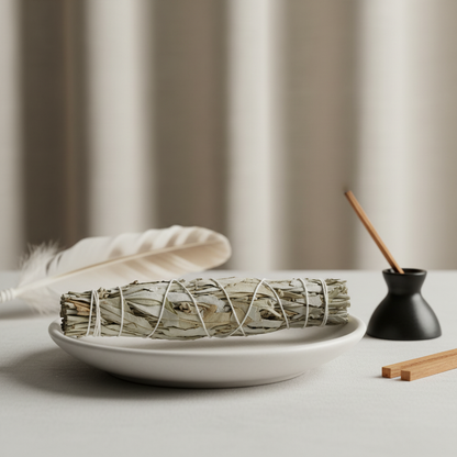 A captivating, photorealistic composition set in a modern spiritual sanctuary with a clear focus on the white sage smudge stick, measuring 5-6 inches, artistically displayed on a matte white ceramic dish. The scene uses softbox lighting to gently highlight