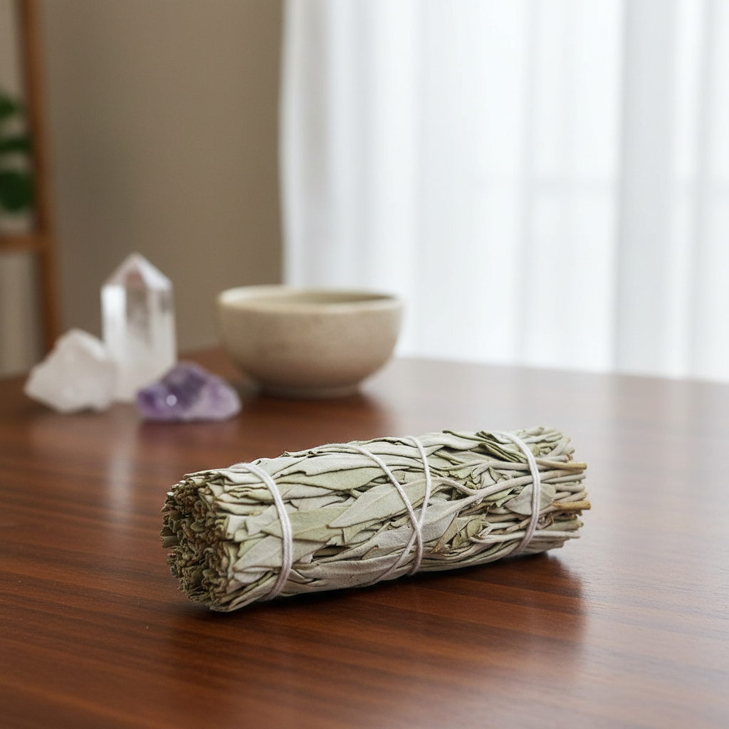 A highly detailed, photorealistic close-up of a white sage smudge stick, approximately 5-6 inches long, resting on a smooth, dark wooden surface that reflects subtle natural light. The scene is set in a modern spiritual space illuminated by soft, diffused 