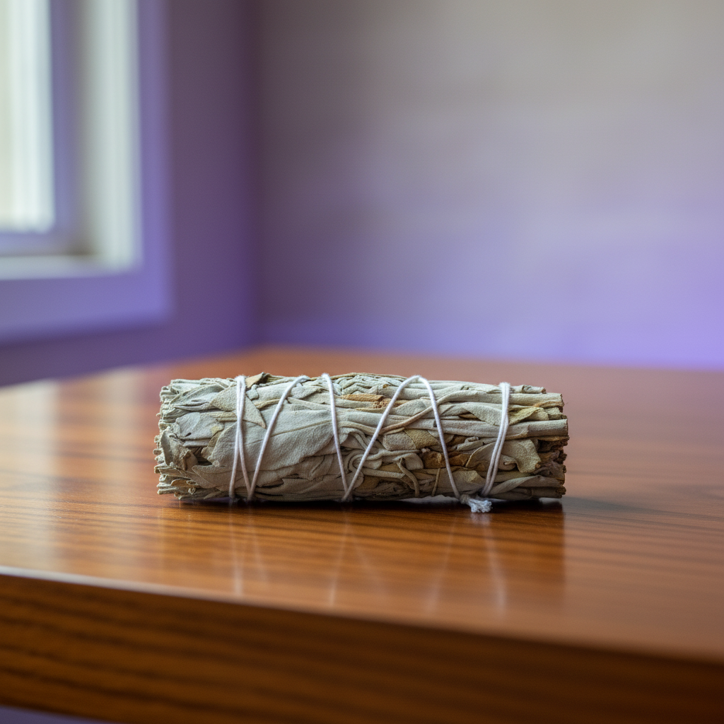 A highly detailed, photorealistic scene capturing a California White Sage Smudge Stick, 3 Inch, placed on a smooth, polished wooden altar within a modern spiritual sanctuary. The background features softly blurred, ambient LED lighting with hues of violet 