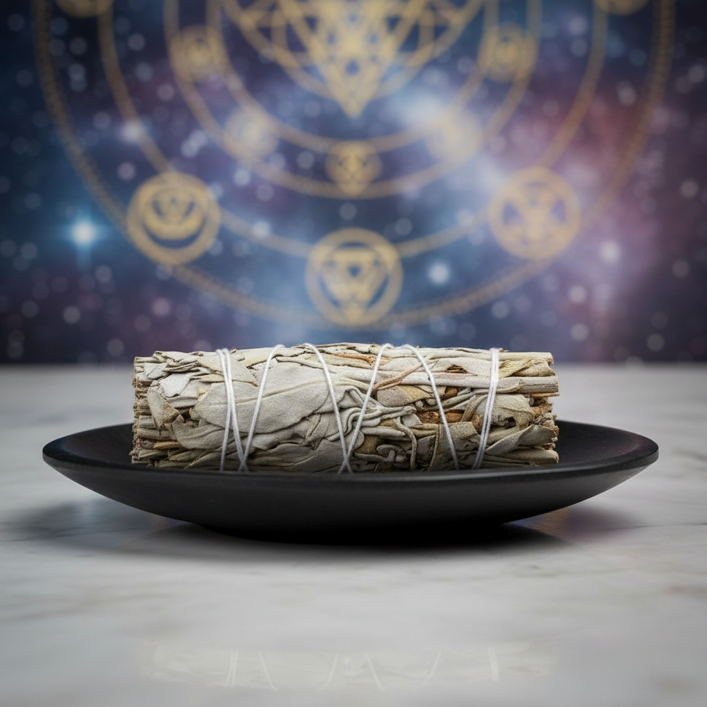 A cinematic, photorealistic depiction of a California White Sage Smudge Stick, 3 Inch, styled within a contemporary spiritual setting. The scene shows the smudge stick resting on a sleek, matte black stone dish on a light gray marble surface, set against a