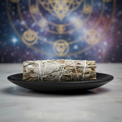 A cinematic, photorealistic depiction of a California White Sage Smudge Stick, 3 Inch, styled within a contemporary spiritual setting. The scene shows the smudge stick resting on a sleek, matte black stone dish on a light gray marble surface, set against a