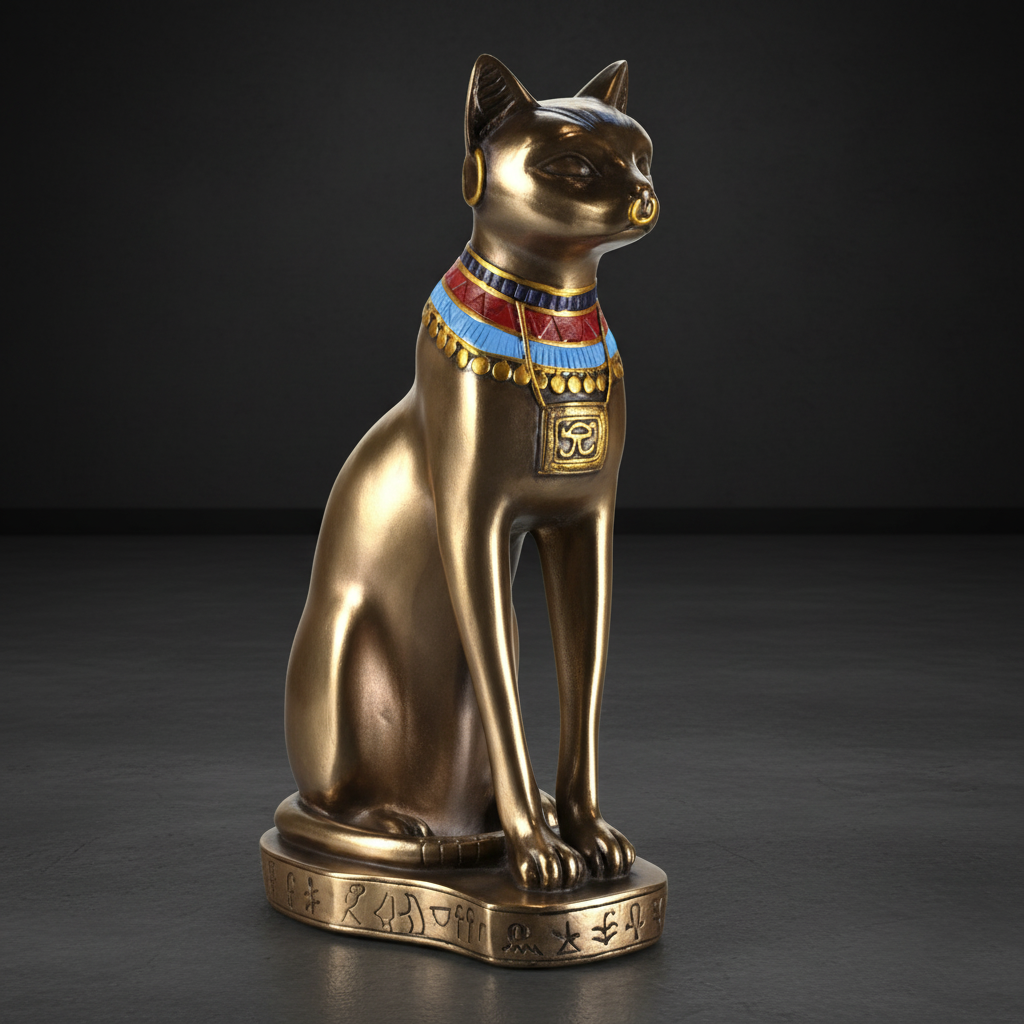A lifelike depiction of the Bastet 9' sculpture placed within a spacious, modern metaphysical environment featuring a clean, dark matte backdrop that contrasts with the warm metallic hues of the bronze. The statue is captured through a professional HDR stu