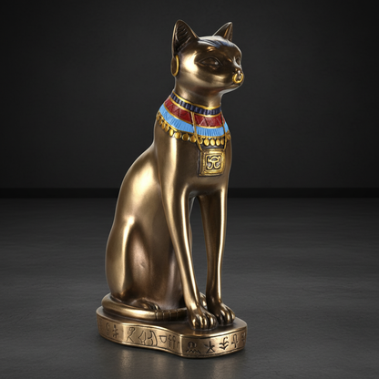 A lifelike depiction of the Bastet 9' sculpture placed within a spacious, modern metaphysical environment featuring a clean, dark matte backdrop that contrasts with the warm metallic hues of the bronze. The statue is captured through a professional HDR stu